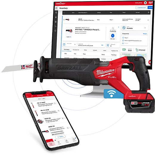 Milwaukee ONE-KEY met gereedschap, computer en smartphone